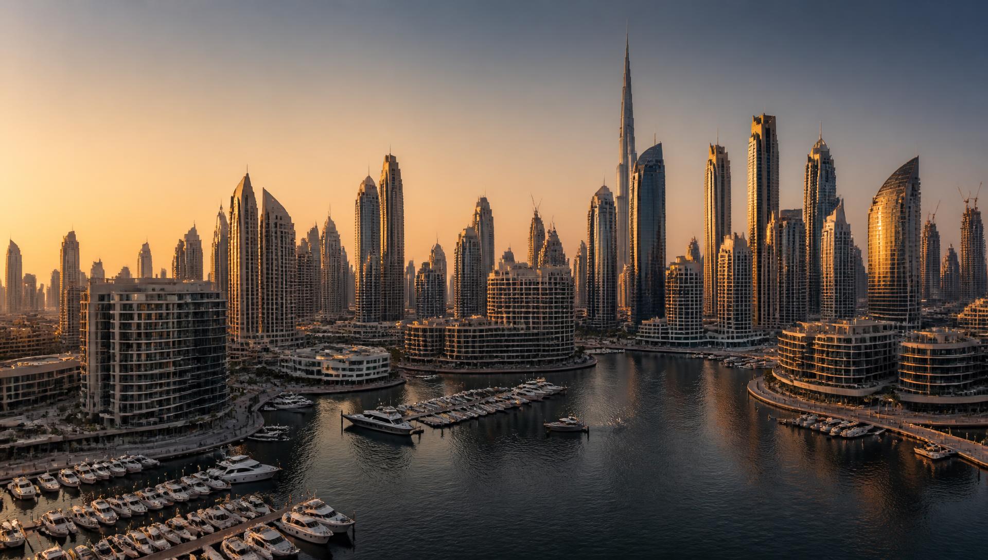 Dubai skyline viewed across the water at dusk